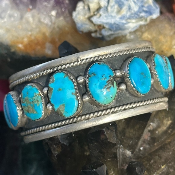 Turquoise  unisex men's sterling silver southwestern cuff - Picture 1 of 14